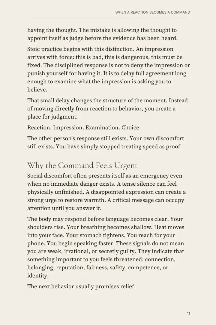 Reading page about Stoic practice, impressions, and judgment
